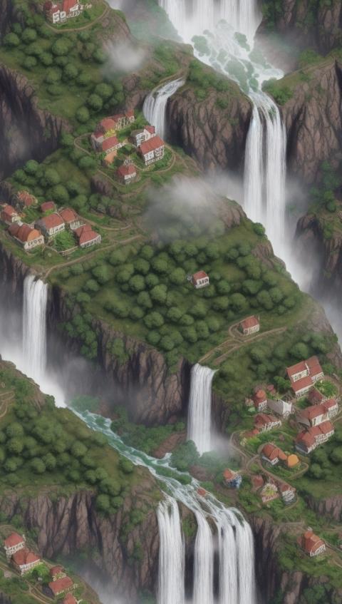 Village and waterfall